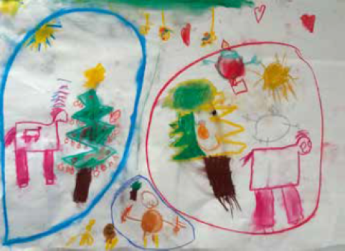 Twee cirkels met daarin een kerstboom en een zwanger paard