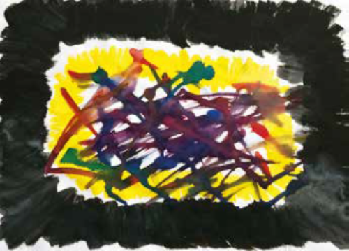 Geel vlak zwart omlijst met in het midden donkere strepen